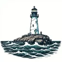 a lighthouse, with a cross on the top of the lighthouse, on the rocks surrounded by waves crashing tattoo design idea