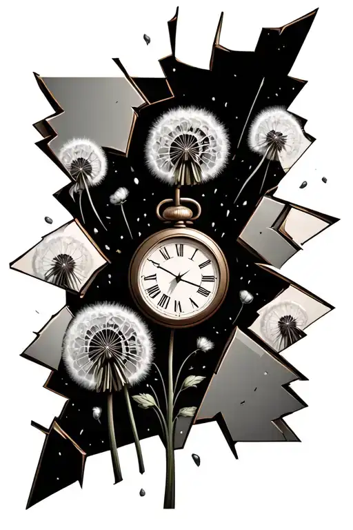 clock broken into pieces, dandelion blowing in the wind tattoo design idea