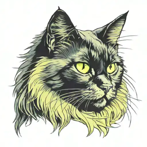 long haired black cat with yellowish green eyes tattoo design idea