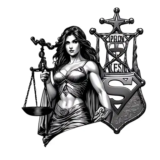 lady justice, a prison, a sheriff's badge, and the Superman symbol  tattoo design idea