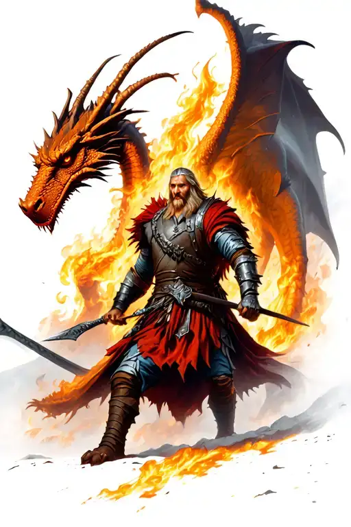 realistic Nordic Viking warrior fighting a dragon in a fiery hellscape tattoo design idea