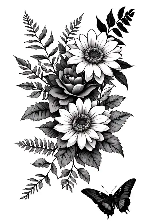 Black and grey fine line wrist wrap tattoo design with chrysanthemums, rose, and fern greenery with a black swallowtail  tattoo design idea