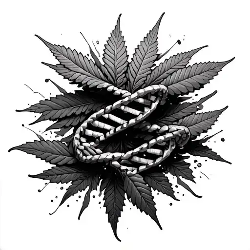 DNA helix breaking into THC molecule intertwined tattoo design idea
