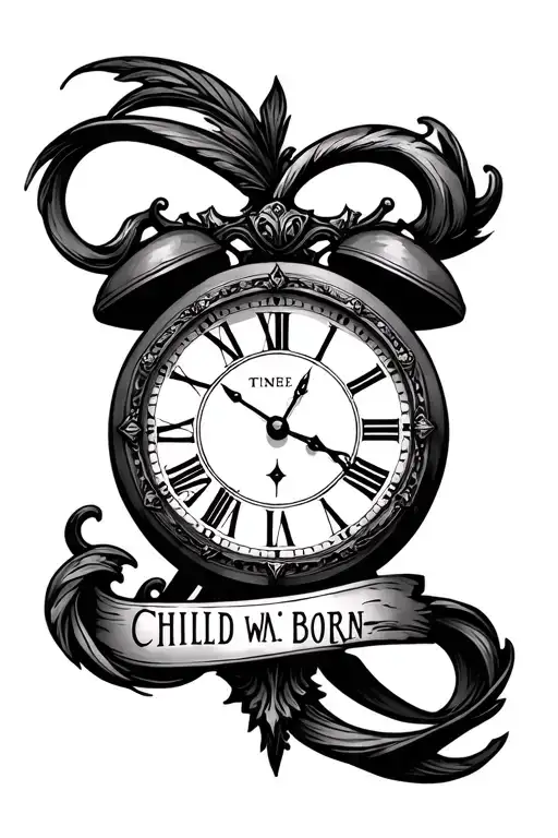 roman numeral clock with time child was born and their name incorporated  tattoo design idea