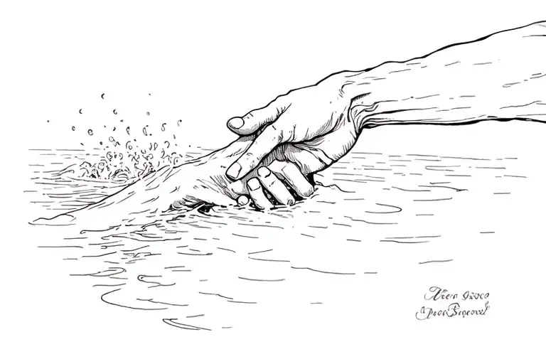 The arm of Jesus, strong and serene, emerging from above and firmly holding Peter's hand, being pulled out of the sea tattoo design idea