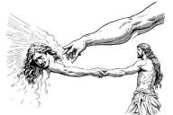 The arm of Jesus, strong and serene, emerging from above and firmly holding Peter's hand, being pulled out of the sea tattoo design idea