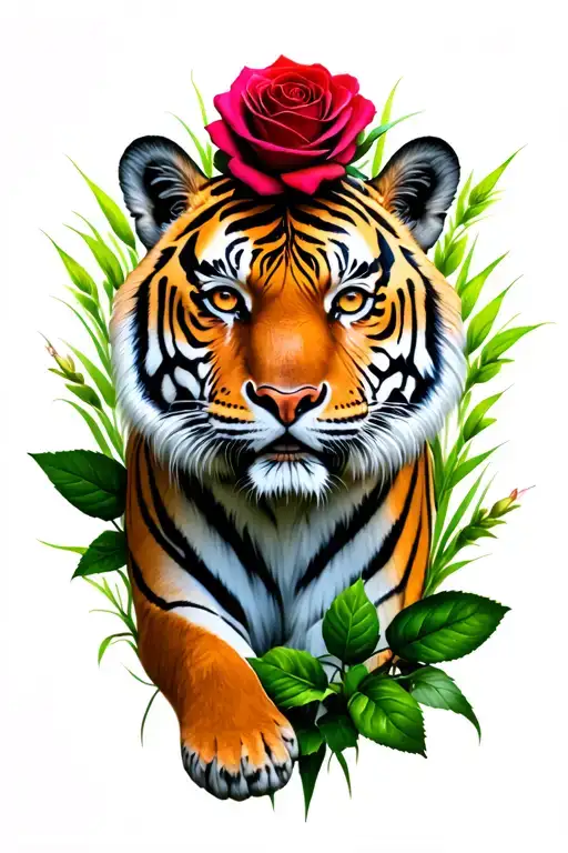 Tiger, grass, rose tattoo design idea