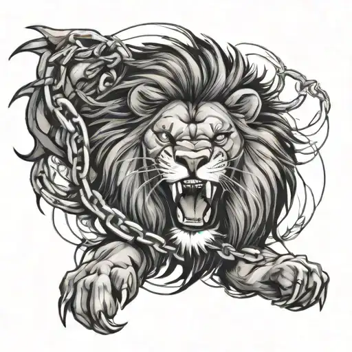 A roaring lion fierce expression+ broken chains +stormy background +scarred yet unyielding lion tattoo design idea