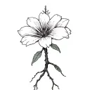 Simple but detailed drawing of an open flower but the stem is a pine tree trunk with deep roots wrapped around the cross tattoo design idea