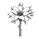 Simple but detailed drawing of an open flower but the stem is a pine tree trunk with deep roots wrapped around the cross tattoo design idea