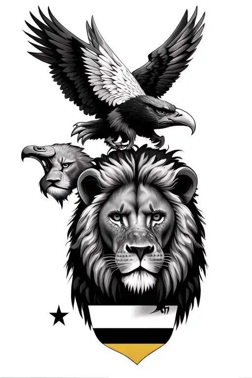 LIONS FACE AND EAGLES WITH FAIRY WINGS WITH A CONGOLESE DRC FLAG tattoo design idea