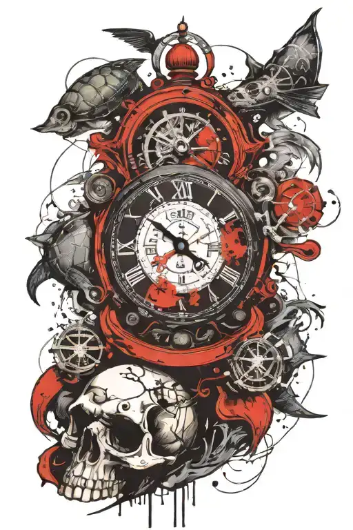 skull, turtle, clock, ship, compass & sea waves tattoo design idea