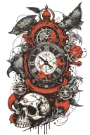 skull, turtle, clock, ship, compass & sea waves tattoo design idea