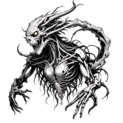 Highly detailed dark horror linework tattoo design, surreal biomechanical demon fused with human anatomy tattoo design idea