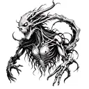 Highly detailed dark horror linework tattoo design, surreal biomechanical demon fused with human anatomy tattoo design idea