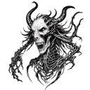 Highly detailed dark horror linework tattoo design, surreal biomechanical demon fused with human anatomy tattoo design idea