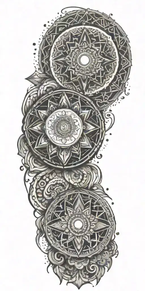 Blend Buddhist mandala, fine-line wood grain, anime elements, and subtle gaming symbols into a cohesive, flowing design tattoo design idea