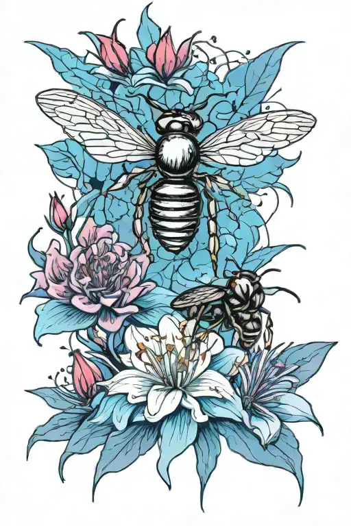 red inked cyborg chrome carpenter bee landing on a holographic blue spider lily tattoo design idea