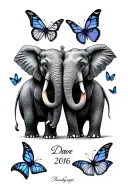 two elephants holding trunks with butterflies and date  tattoo design idea