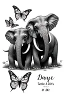 two elephants holding trunks with butterflies and date  tattoo design idea