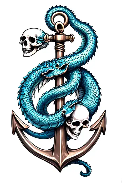 Sea Serpent wrapped around anchor with skulls tattoo design idea