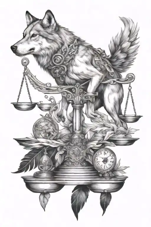 wolf and libra scale weighing a feather tattoo design idea