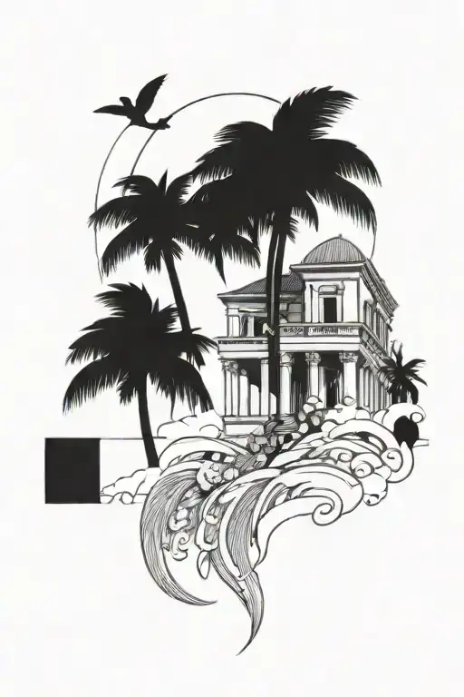 buildings palm tress God and money falling angel with feathers tattoo design idea