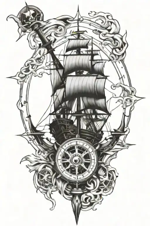 scull pirate ship compass rose intertwined tattoo design idea