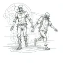 two man walking aside together. one of them is dead soul and happy. other one is tiered and bloody trying to walk alive tattoo design idea