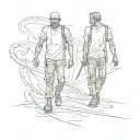 two man walking aside together. one of them is dead soul and happy. other one is tiered and bloody trying to walk alive tattoo design idea