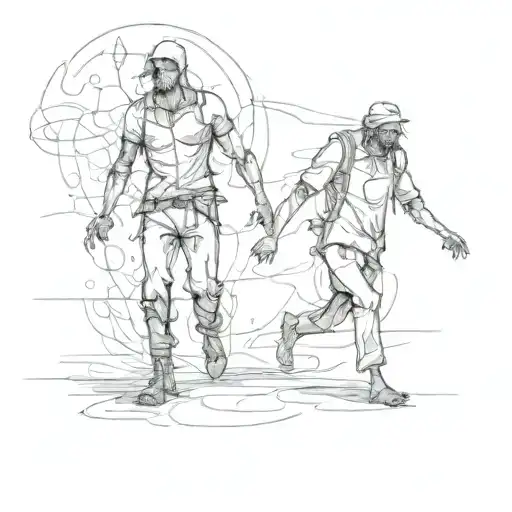 two man walking aside together. one of them is dead soul and happy. other one is tiered and bloody trying to walk alive tattoo design idea