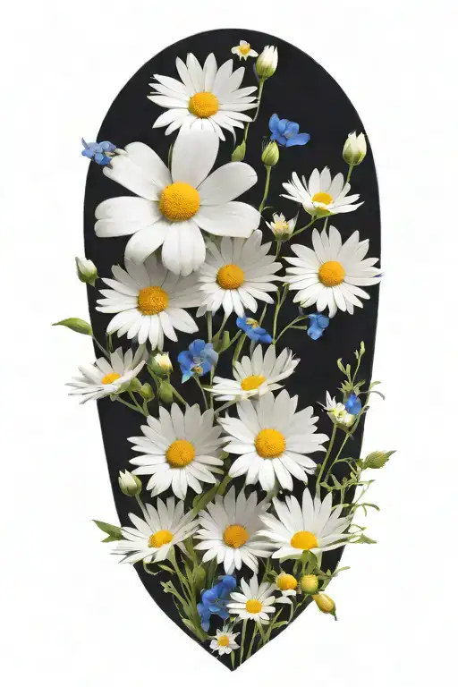 an intricate boquet of white daisys, blue cosmos flowers, and a lot of space between the flowers  tattoo design idea