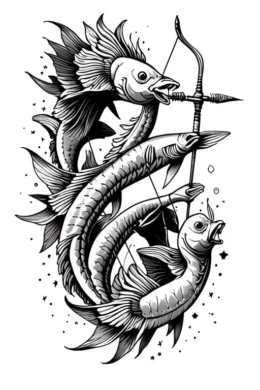 Sagittarius bow and arrow aiming at a school of Pisces fish tattoo design idea