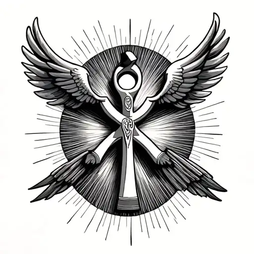 i have an ankh cross on my chest in the middle i want to add a solar disc and rays above it with a dove on the left hold tattoo design idea