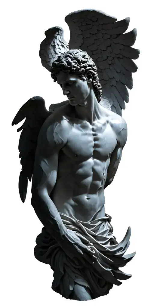greek art style, sculptural, I want a powerful male diety who is angel like in appearance embracing evil sexy lillith  tattoo design idea