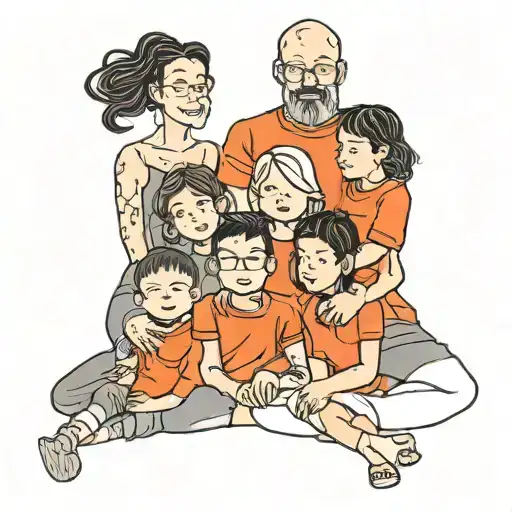 Family portrait (continuous line design) no daddy just 1  mother only and 4 children (2 boys and 2 daughters) tattoo design idea
