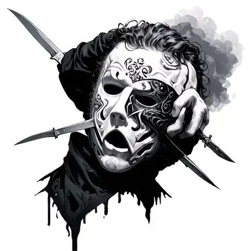 sad man taking off a mask and stabbing him with daggers but the mask was more elaborate and as more illustration tattoo design idea