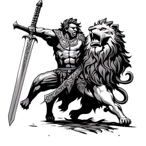 lion and warrior wielding a sword tattoo design idea