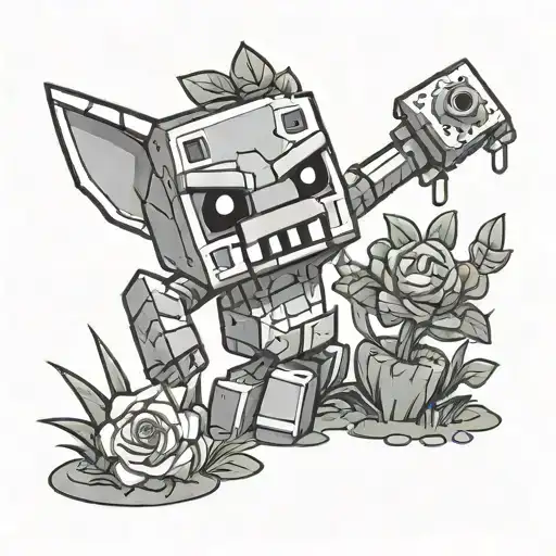 Make me a calf tattoo design with characters from Battle block theatre, Minecraft, plants vs zombies, little nightmares, tattoo design idea