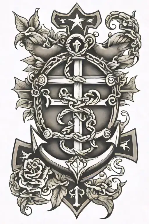 anchor cross with five point star, doves, olive leaf tattoo design idea