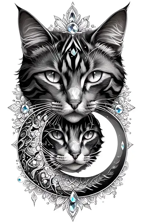 mandala half sleeve with crystals, cat heads with pisces sign and moon tattoo design idea