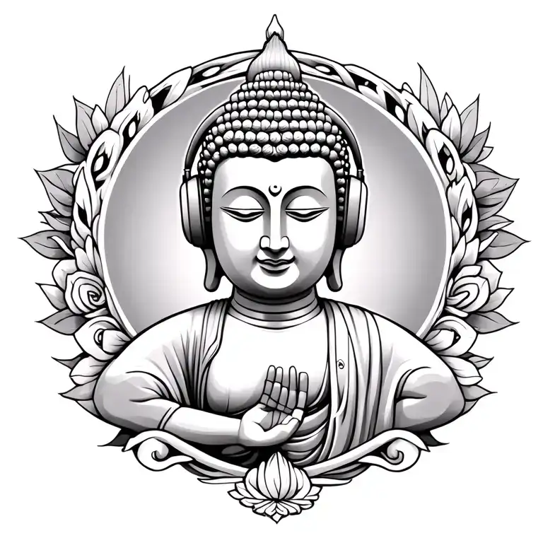 Buddha with headphones on, listening to music, meditating surrounded  tattoo design idea
