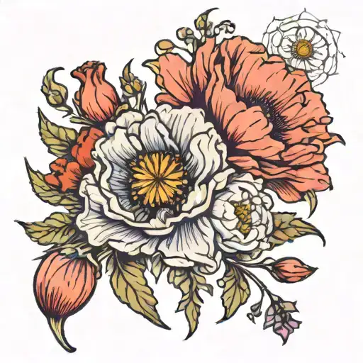 one carnation, two poppies, and an aster flower tattoo design idea