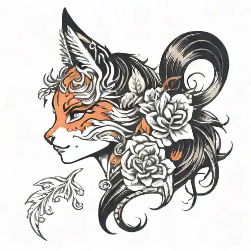 girl kitsune shoulder-length half sideways tattoo design idea