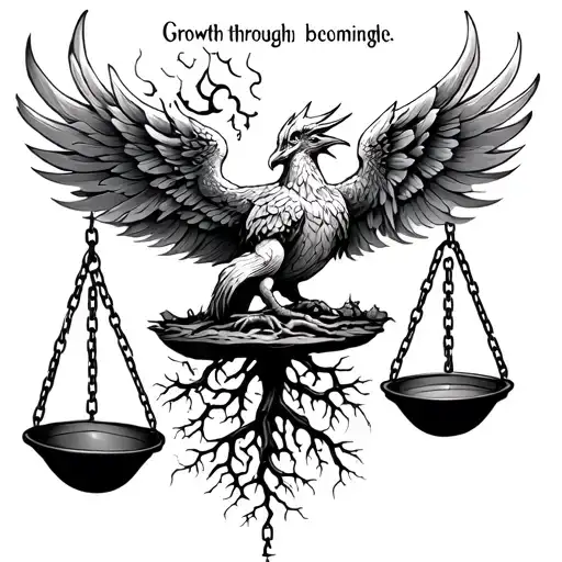 Balance/Scales, Phoenix Rising, Chains Breaking,  Roots and Growth, Quotes ( Growth through struggle, Becoming me)  tattoo design idea