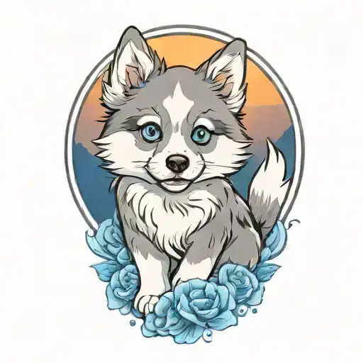 happy blue merle pomsky puppy with blue eyes cherokee surround tattoo design idea