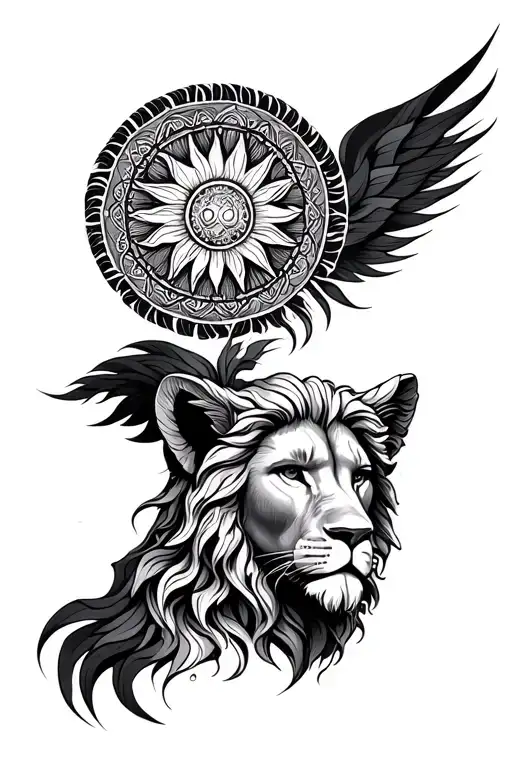 unisex Zeus and Leo tattoo with mandalas e formas geométricas and the sun tattoo design idea