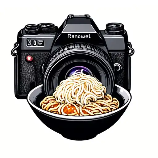 camera body with a ramen bowl infront instead of lens  tattoo design idea