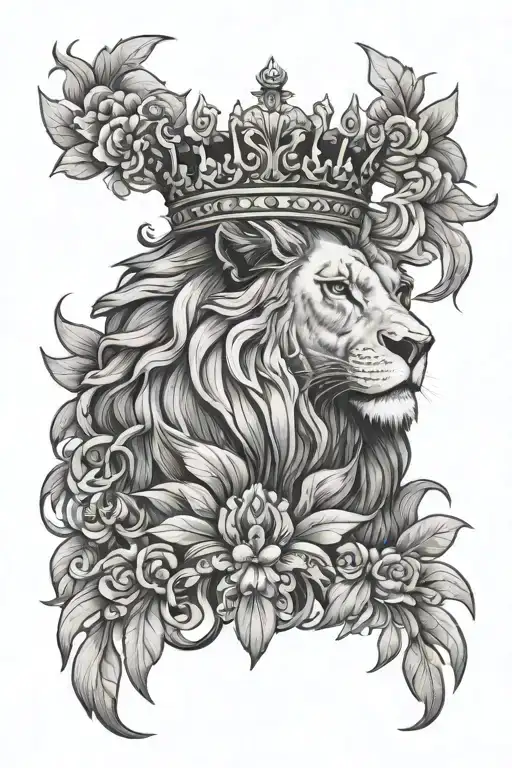 male lion with maile lei and haku crown tattoo design idea