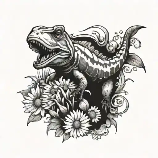t-rex clownfish and daisy tattoo design idea
